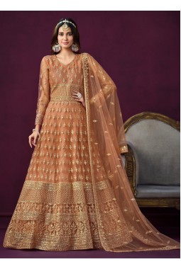 Peach Net Embroidered Wedding Salwar Kameez