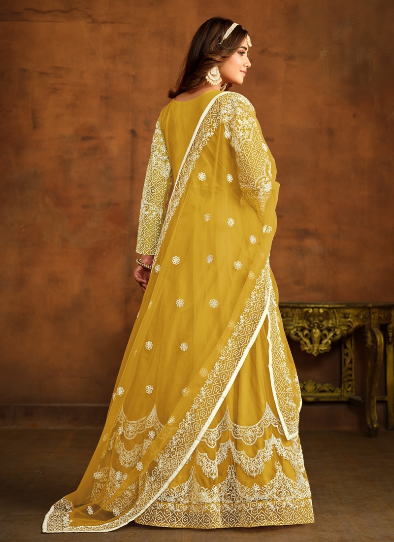 Yellow Net Embroidered Designer Salwar Kameez