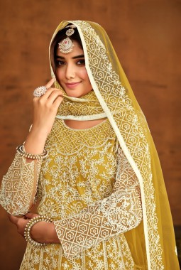 Yellow Net Embroidered Designer Salwar Kameez