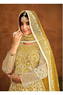 Yellow Net Embroidered Designer Salwar Kameez