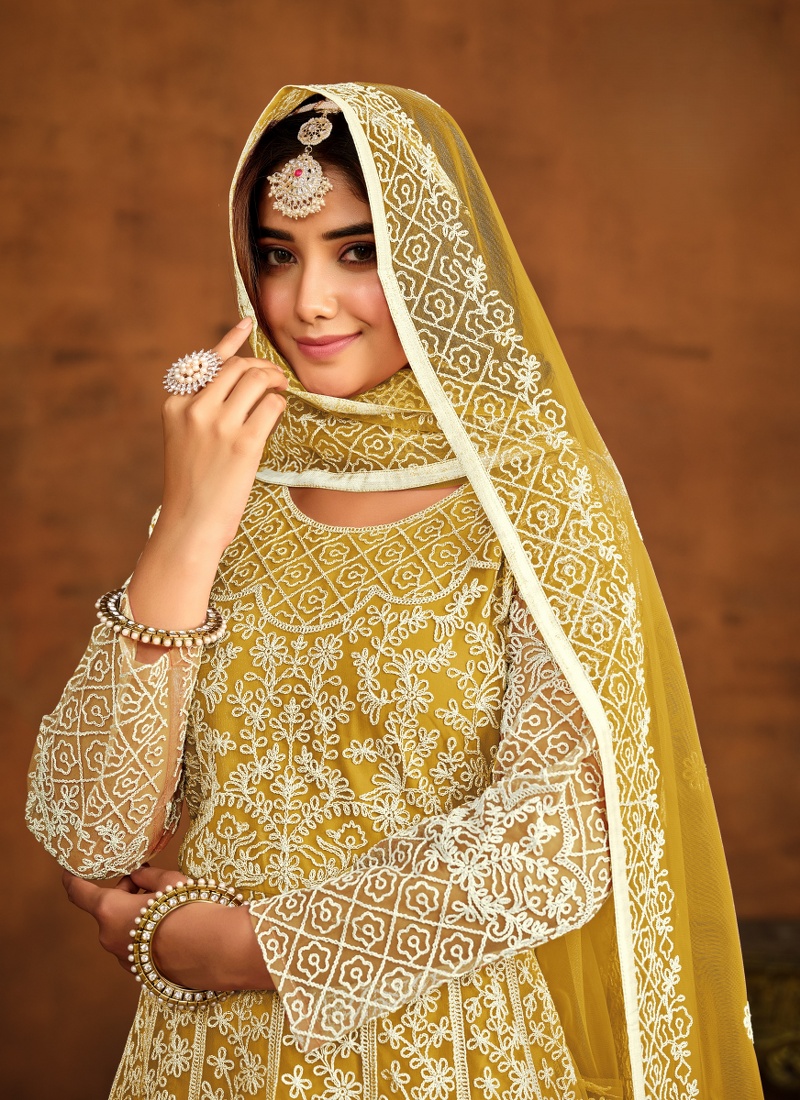 Yellow Net Embroidered Designer Salwar Kameez