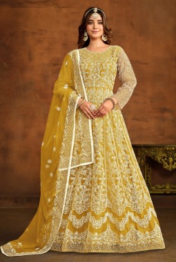 Yellow Net Embroidered Designer Salwar Kameez