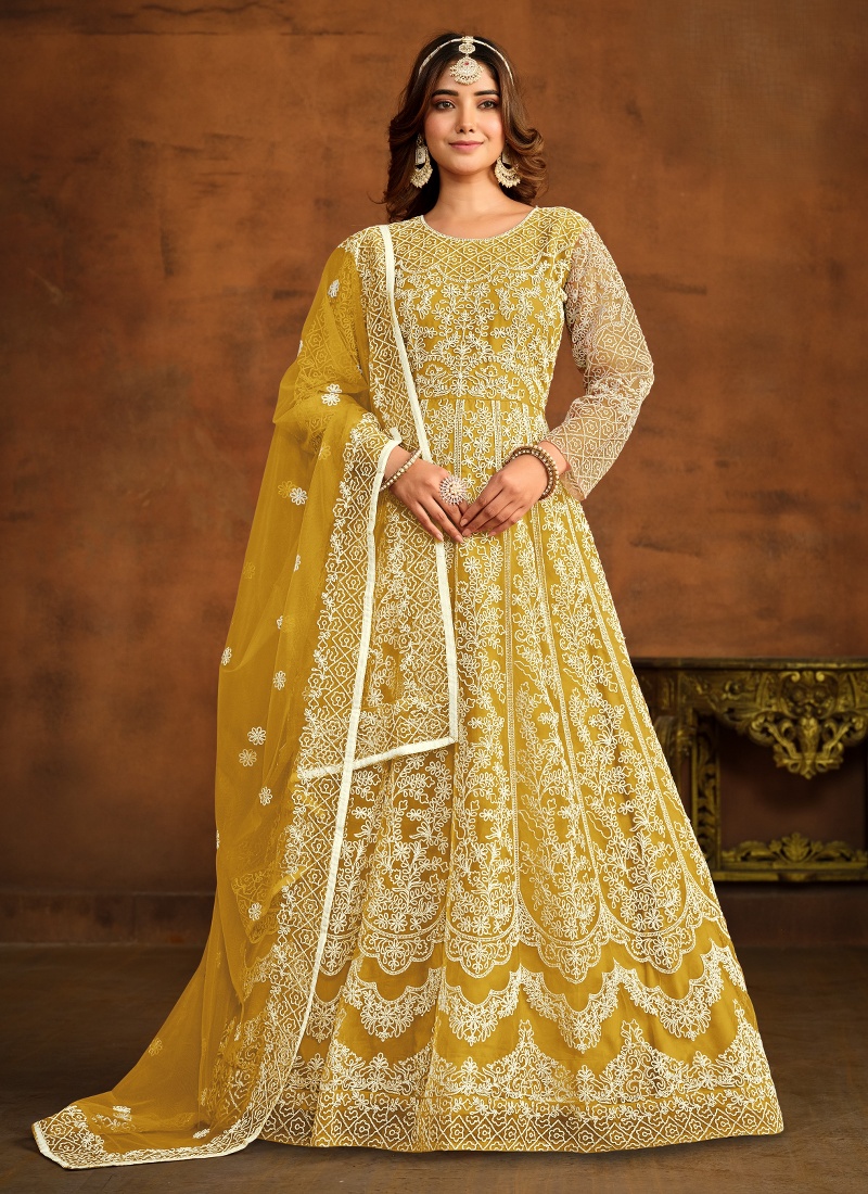 Yellow Net Embroidered Designer Salwar Kameez