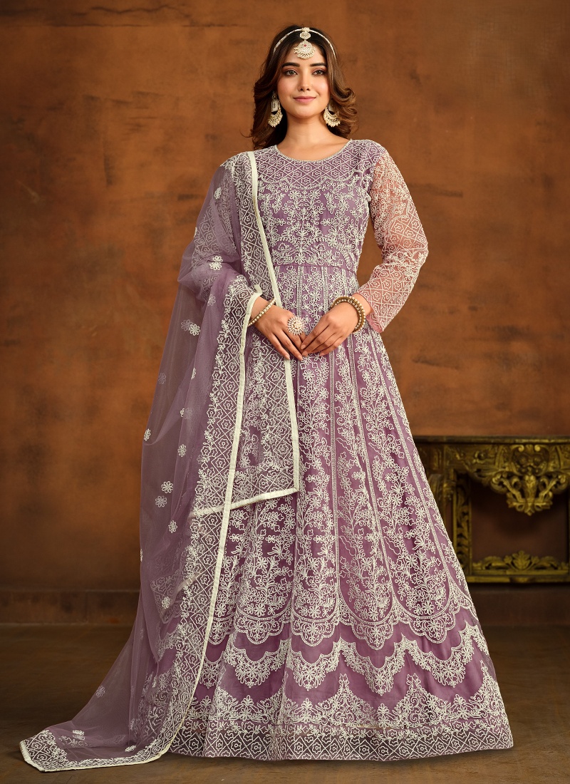 Lavender Net Thread Embroidered Designer Salwar Kameez