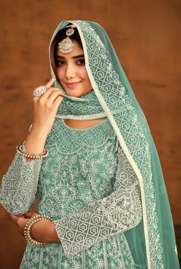 Sea Green Net Embroidered Designer Salwar Kameez