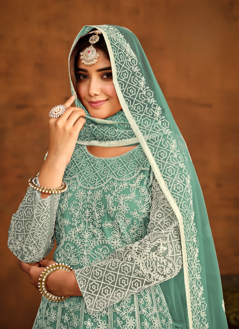 Sea Green Net Embroidered Designer Salwar Kameez