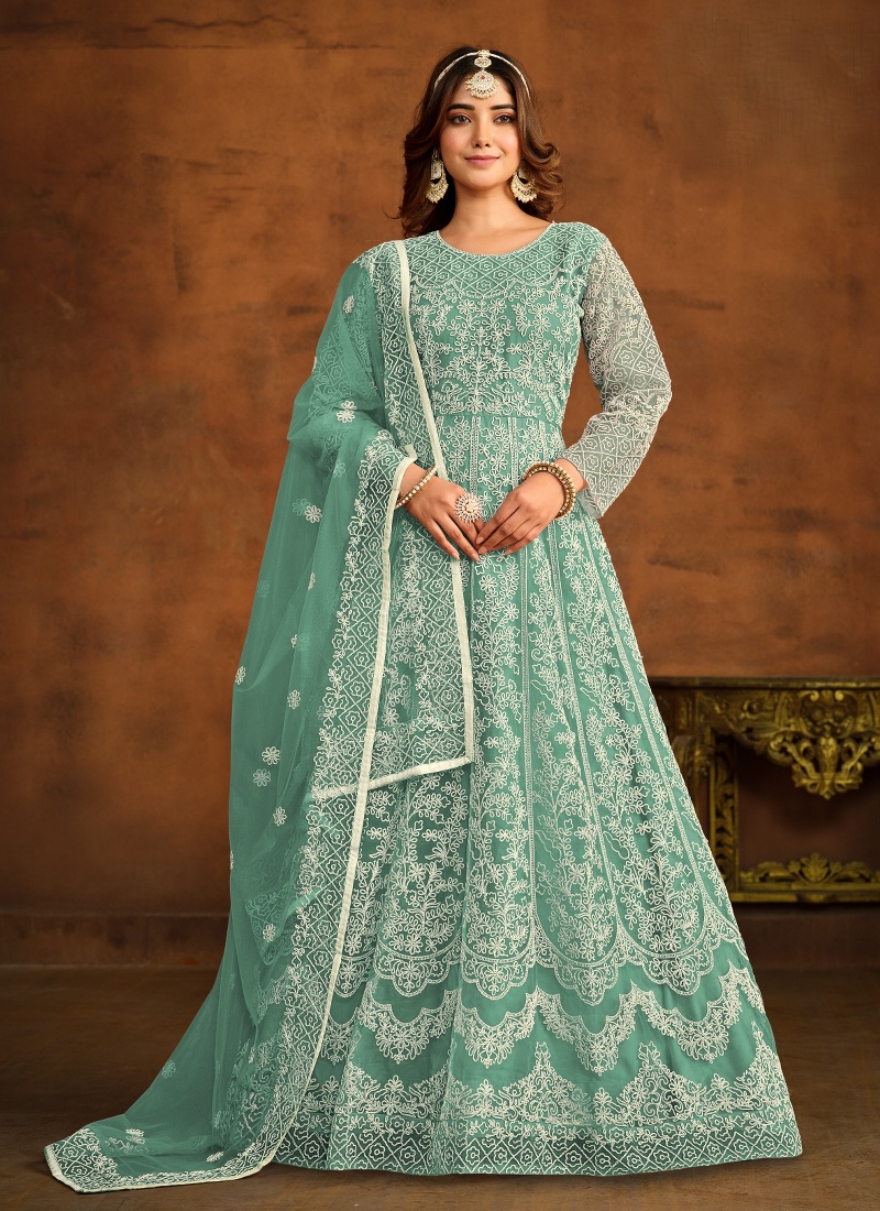 Sea Green Net Embroidered Designer Salwar Kameez