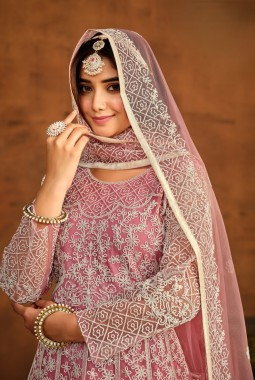 Peach Net Thread Embroidered Designer Salwar Kameez