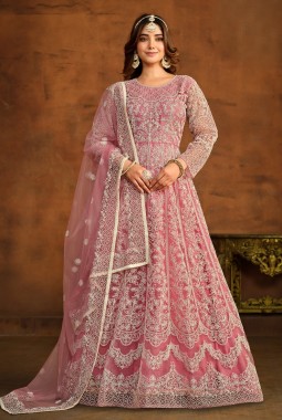 Peach Net Thread Embroidered Designer Salwar Kameez