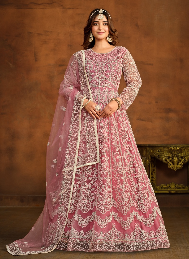 Peach Net Thread Embroidered Designer Salwar Kameez