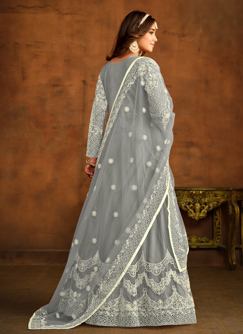 Grey Net Embroidered Designer Salwar Kameez