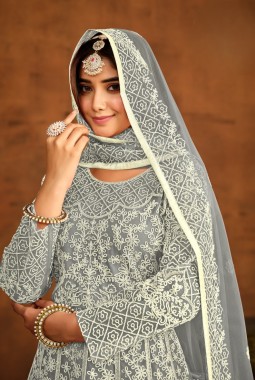 Grey Net Embroidered Designer Salwar Kameez