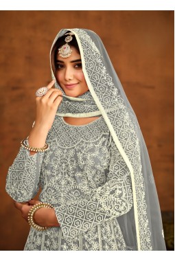 Grey Net Embroidered Designer Salwar Kameez
