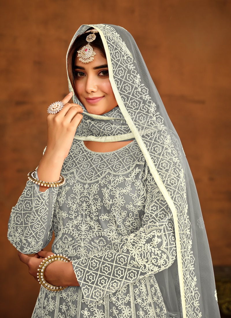 Grey Net Embroidered Designer Salwar Kameez