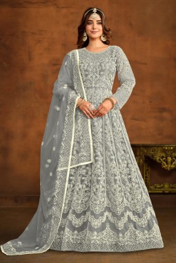 Grey Net Embroidered Designer Salwar Kameez
