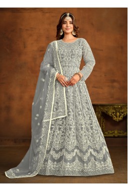 Grey Net Embroidered Designer Salwar Kameez