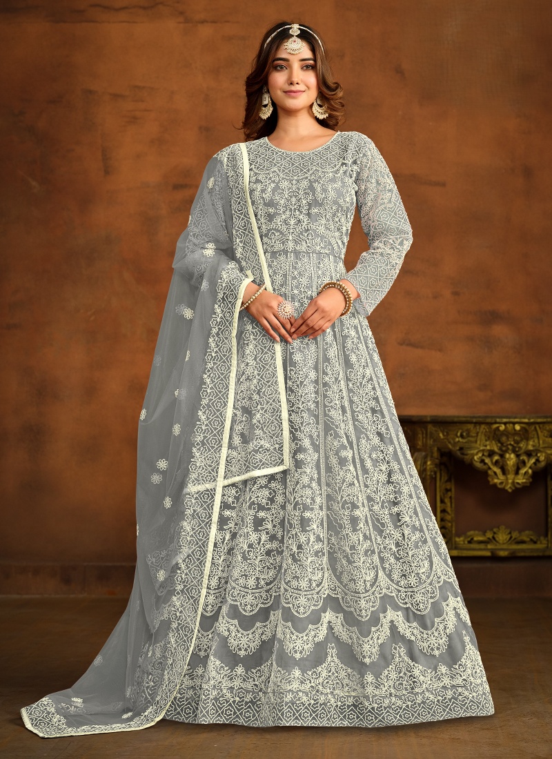 Grey Net Embroidered Designer Salwar Kameez