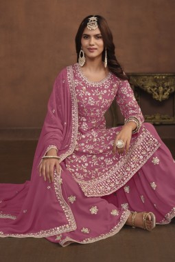 Pink Faux Georgette Embroidered Wedding Salwar Kameez