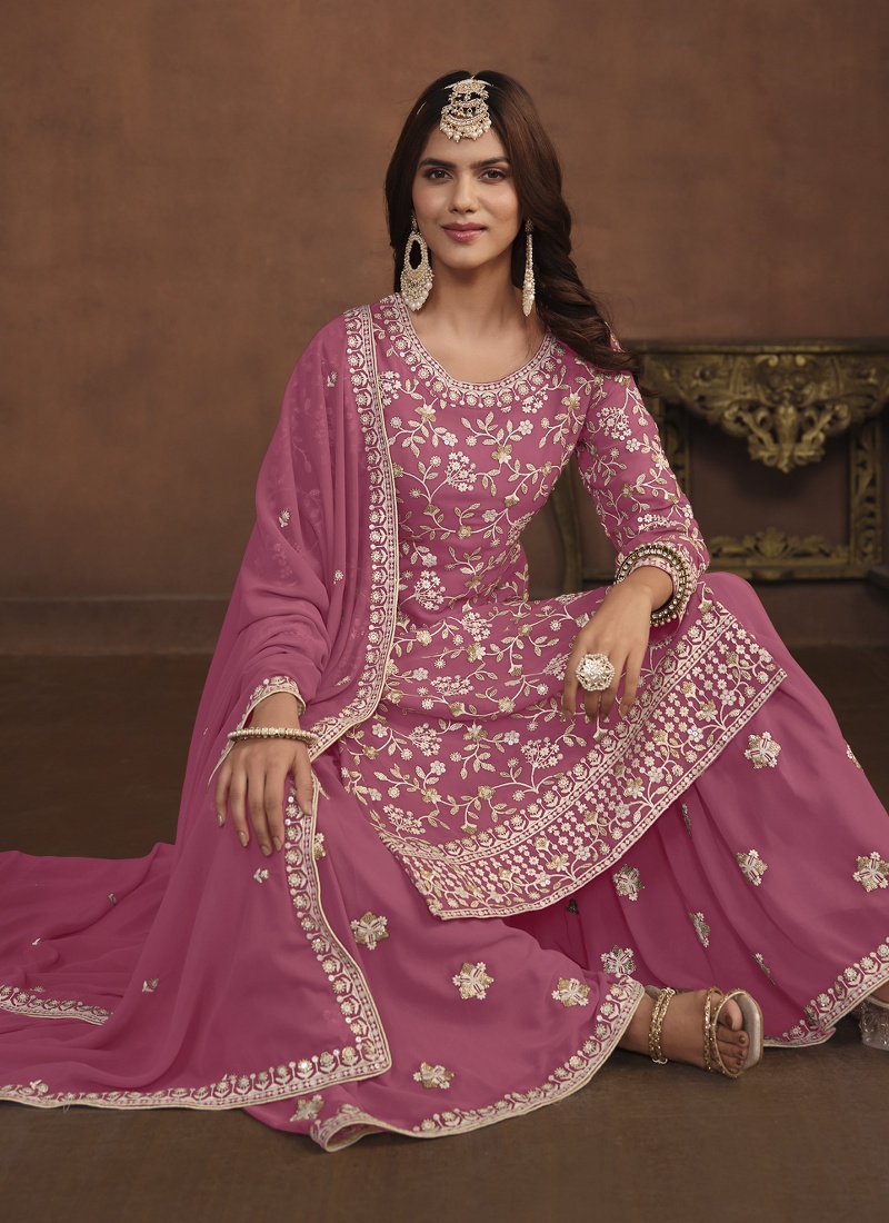 Pink Faux Georgette Embroidered Wedding Salwar Kameez