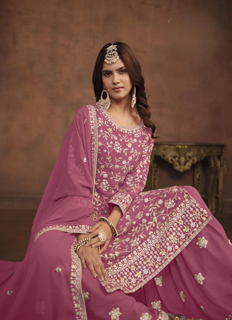 Pink Faux Georgette Embroidered Wedding Salwar Kameez