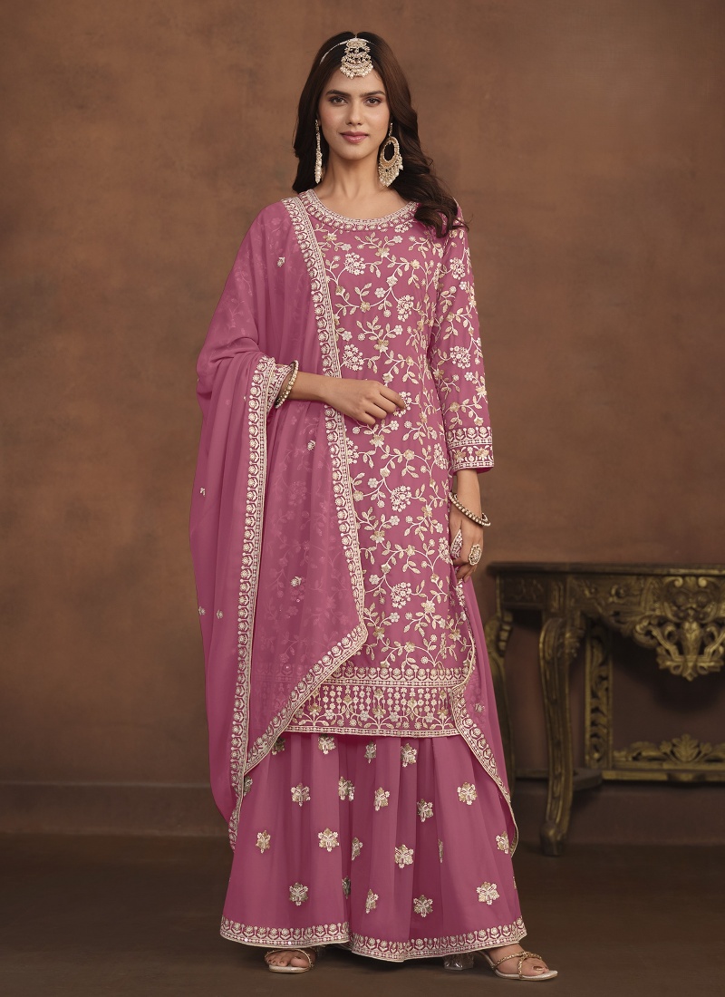 Pink Faux Georgette Embroidered Wedding Salwar Kameez