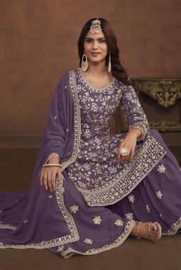 Lavender Faux Georgette Sequins Embroidered Wedding Salwar Kameez