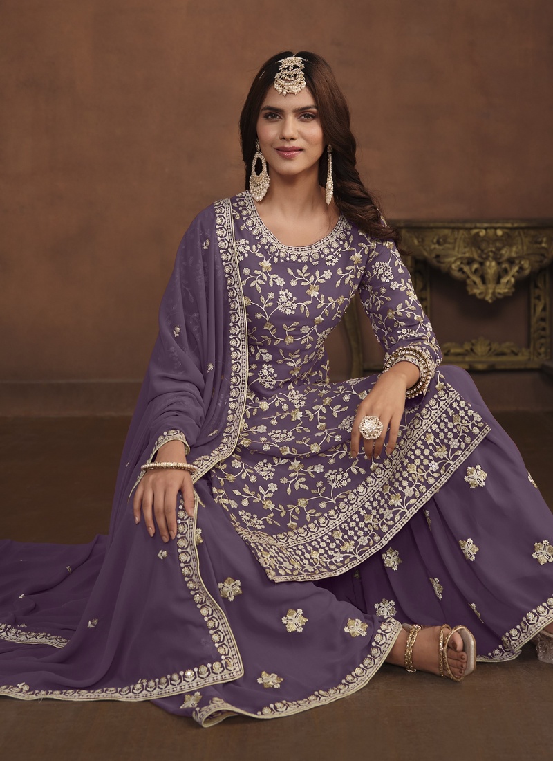 Lavender Faux Georgette Sequins Embroidered Wedding Salwar Kameez