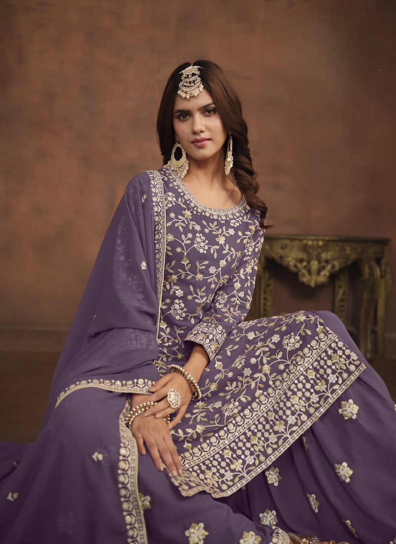 Lavender Faux Georgette Sequins Embroidered Wedding Salwar Kameez