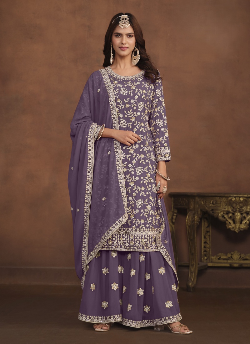 Lavender Faux Georgette Sequins Embroidered Wedding Salwar Kameez