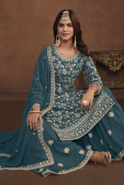 Teal Faux Georgette Sequins Wedding Salwar Kameez