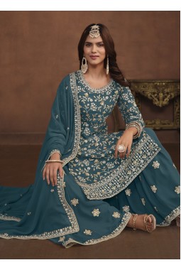 Teal Faux Georgette Sequins Wedding Salwar Kameez