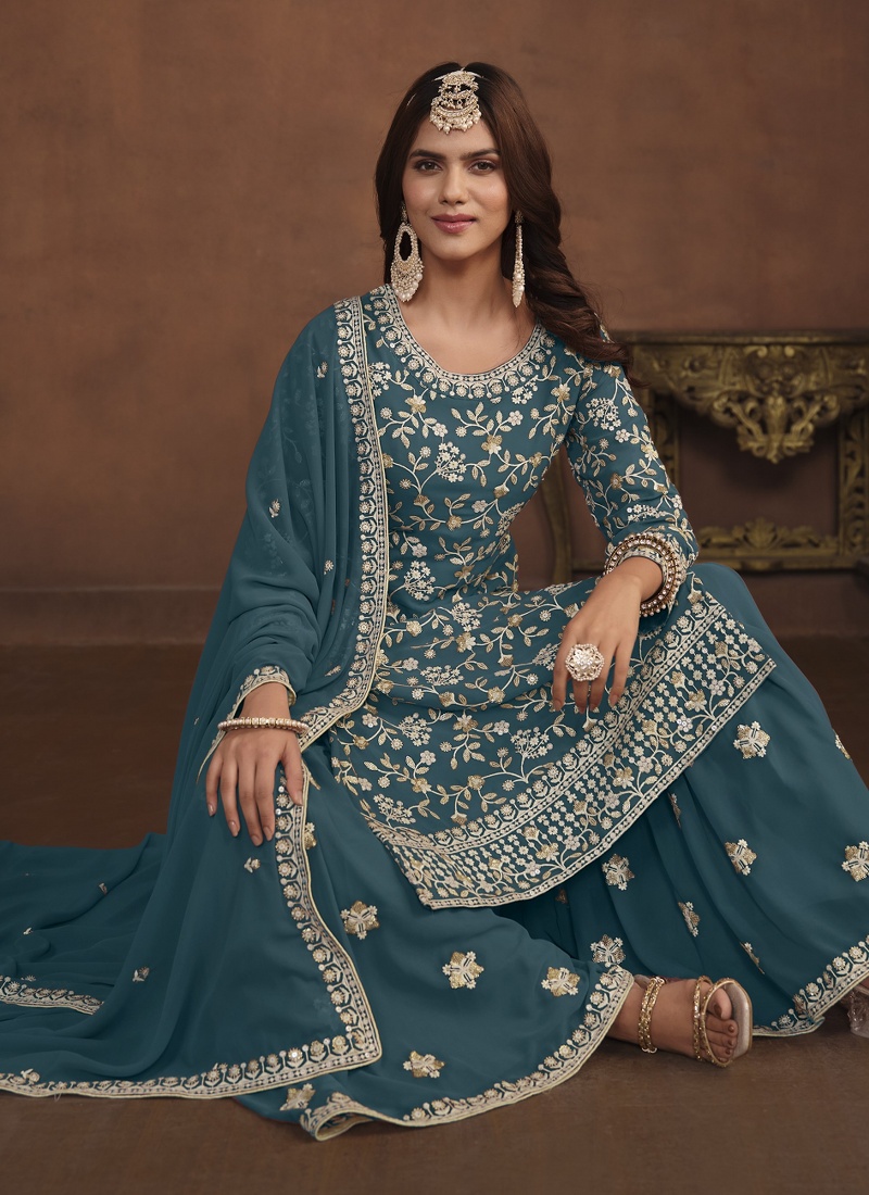 Teal Faux Georgette Sequins Wedding Salwar Kameez