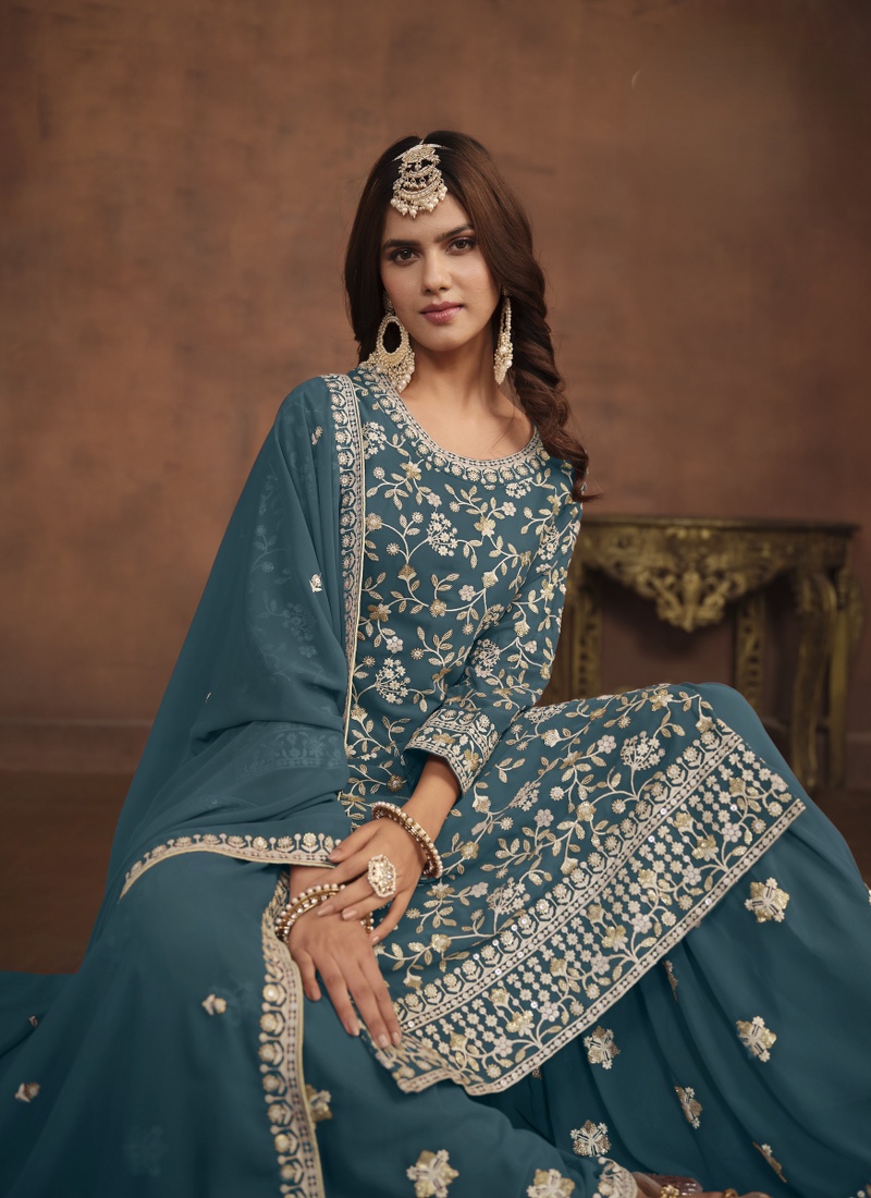 Teal Faux Georgette Sequins Wedding Salwar Kameez