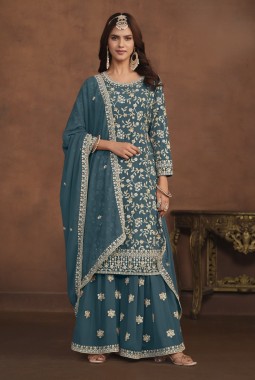 Teal Faux Georgette Sequins Wedding Salwar Kameez