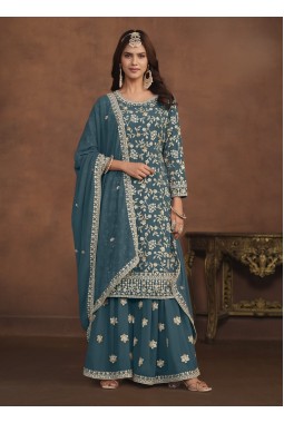 Teal Faux Georgette Sequins Wedding Salwar Kameez