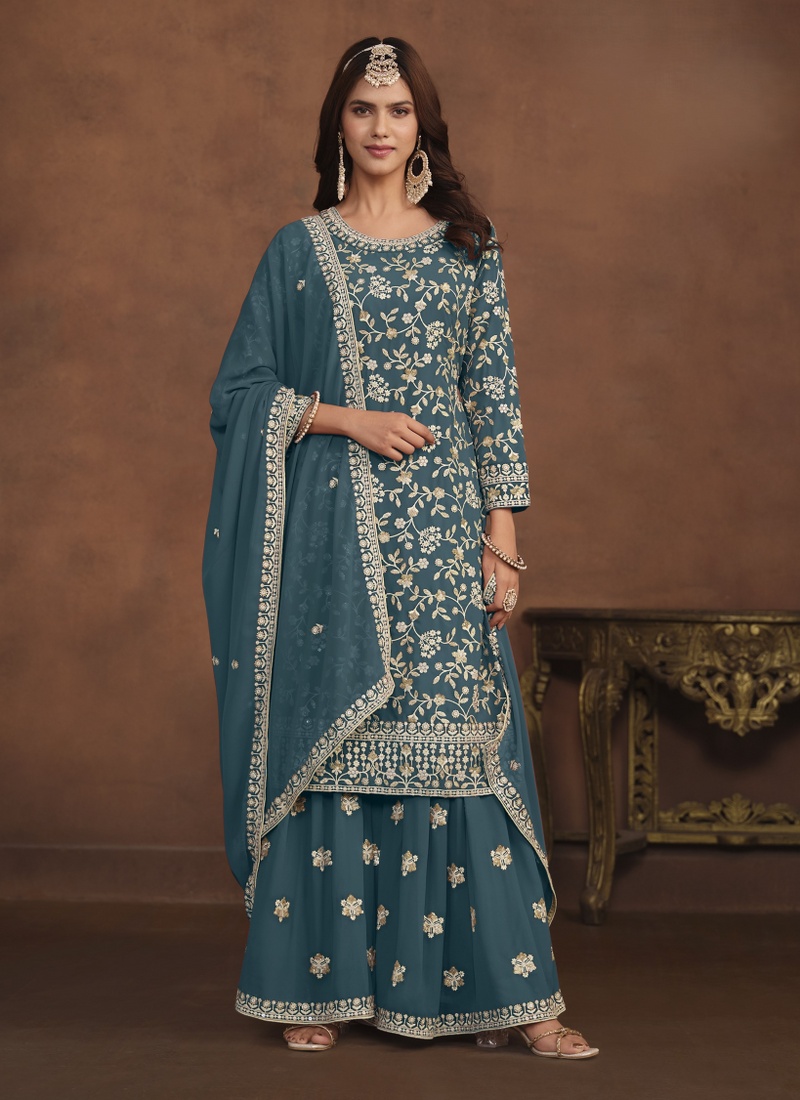 Teal Faux Georgette Sequins Wedding Salwar Kameez