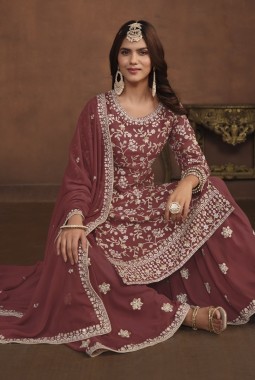 Brown Faux Georgette Embroidered Wedding Salwar Kameez