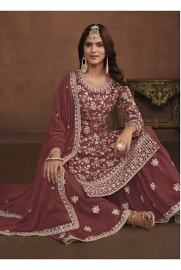 Brown Faux Georgette Embroidered Wedding Salwar Kameez