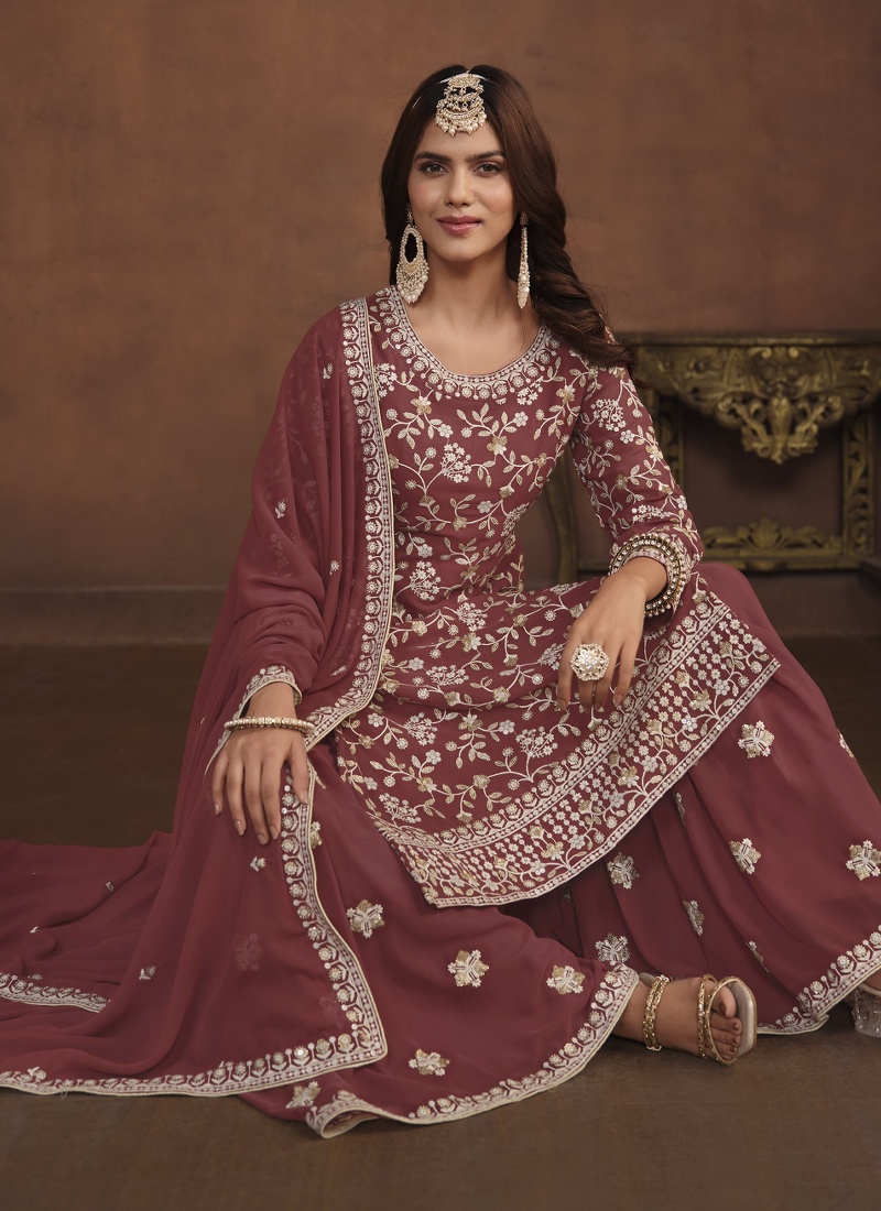 Brown Faux Georgette Embroidered Wedding Salwar Kameez