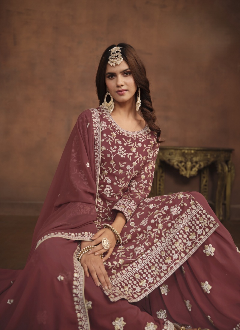 Brown Faux Georgette Embroidered Wedding Salwar Kameez