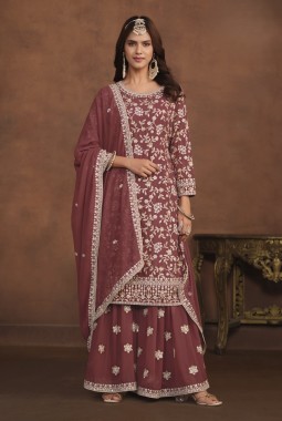 Brown Faux Georgette Embroidered Wedding Salwar Kameez