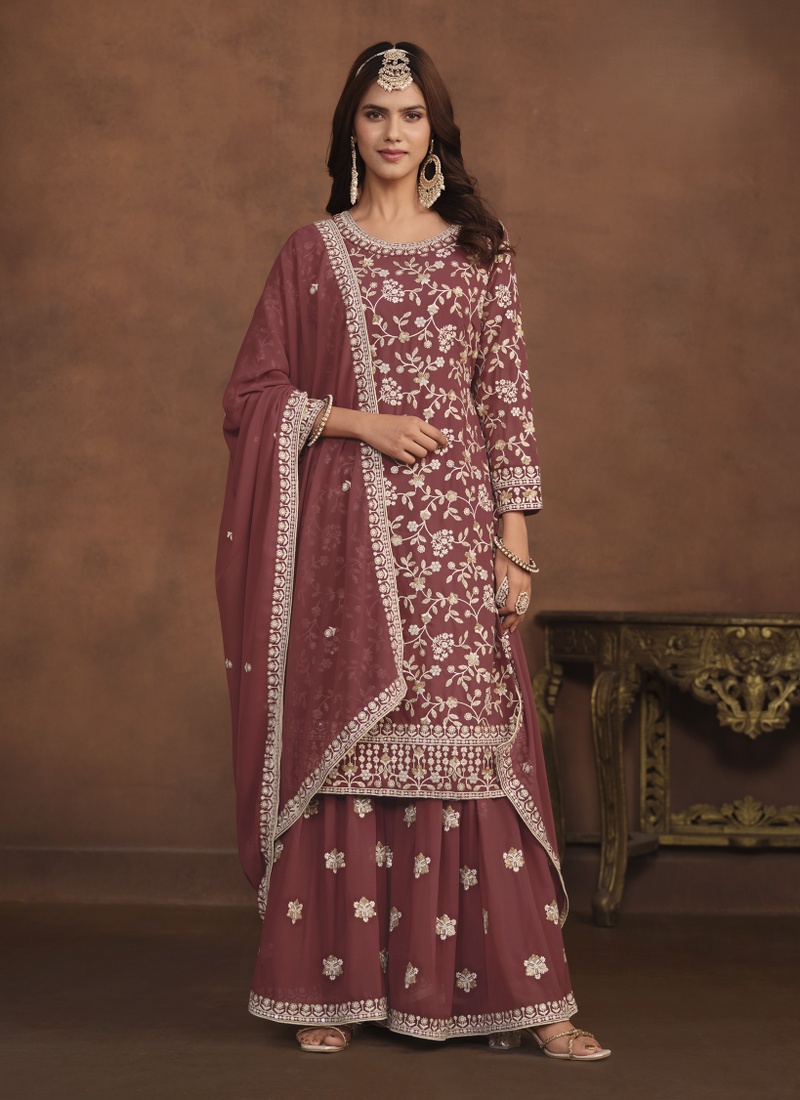 Brown Faux Georgette Embroidered Wedding Salwar Kameez