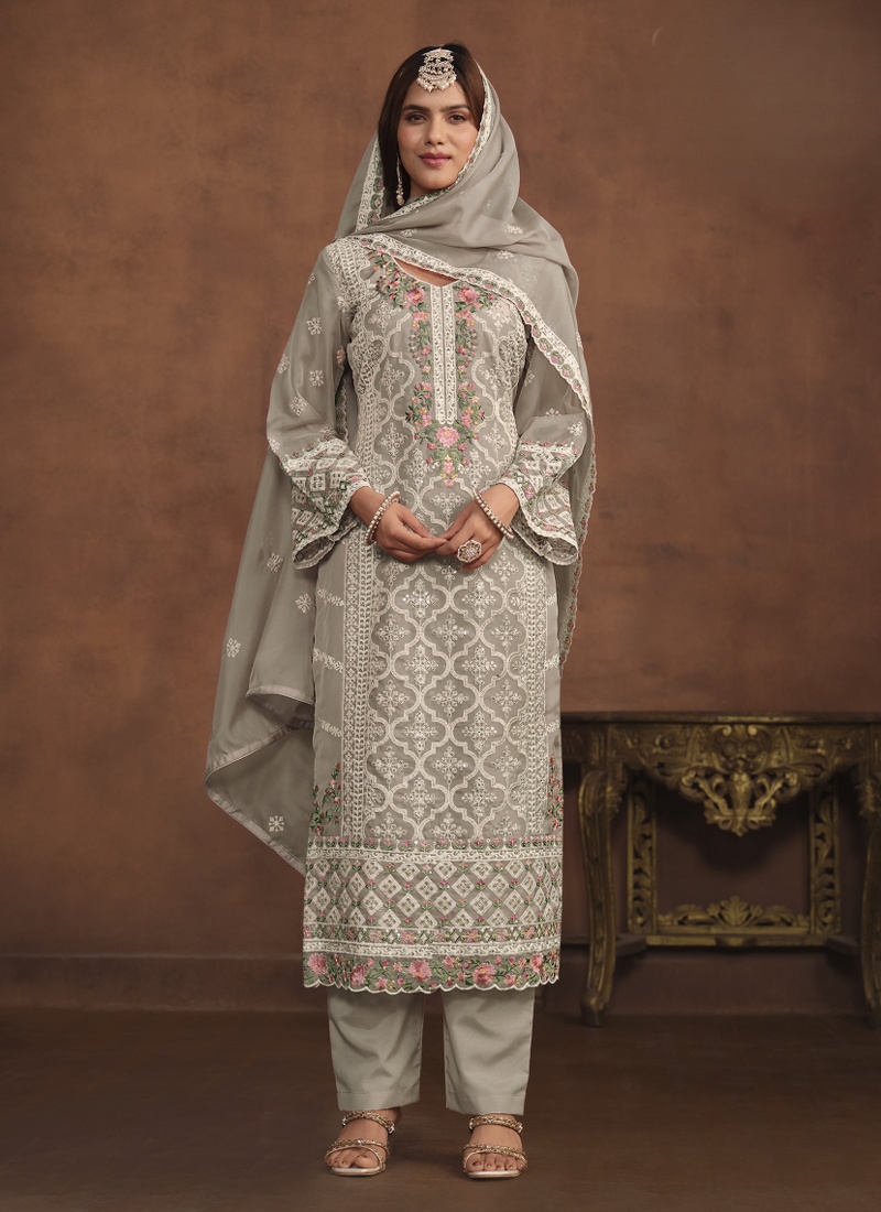 Grey Soft Organza Sequins Embroidered Designer Salwar Kameez