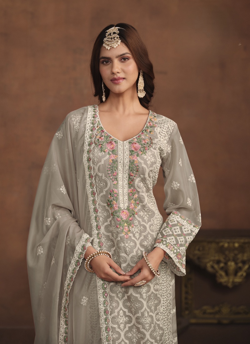 Grey Soft Organza Sequins Embroidered Designer Salwar Kameez