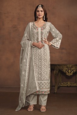 Grey Soft Organza Sequins Embroidered Designer Salwar Kameez