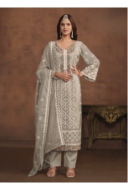Grey Soft Organza Sequins Embroidered Designer Salwar Kameez
