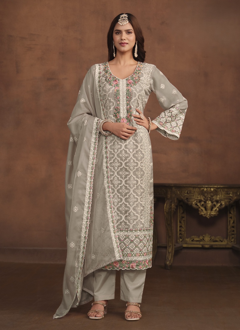 Grey Soft Organza Sequins Embroidered Designer Salwar Kameez