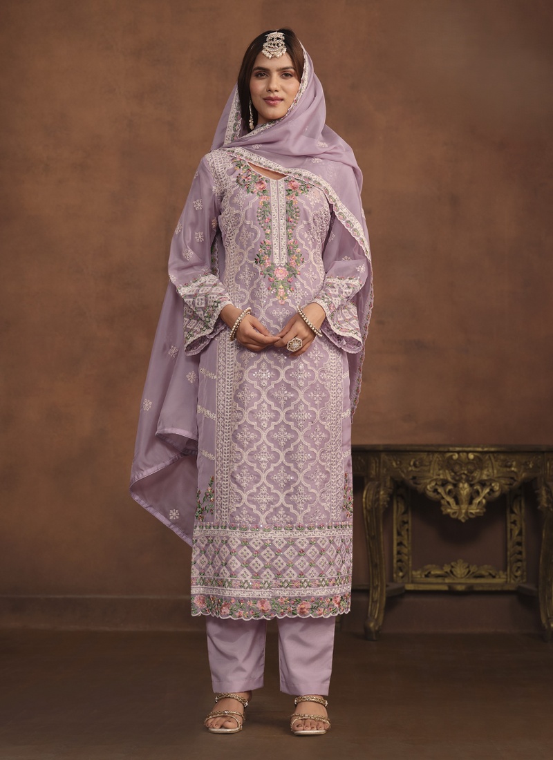 Lavender Soft Organza Embroidered Designer Salwar Kameez