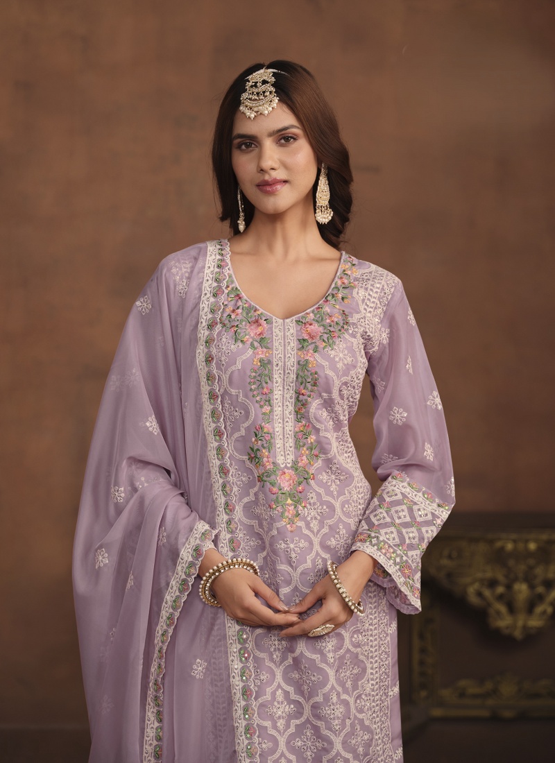 Lavender Soft Organza Embroidered Designer Salwar Kameez