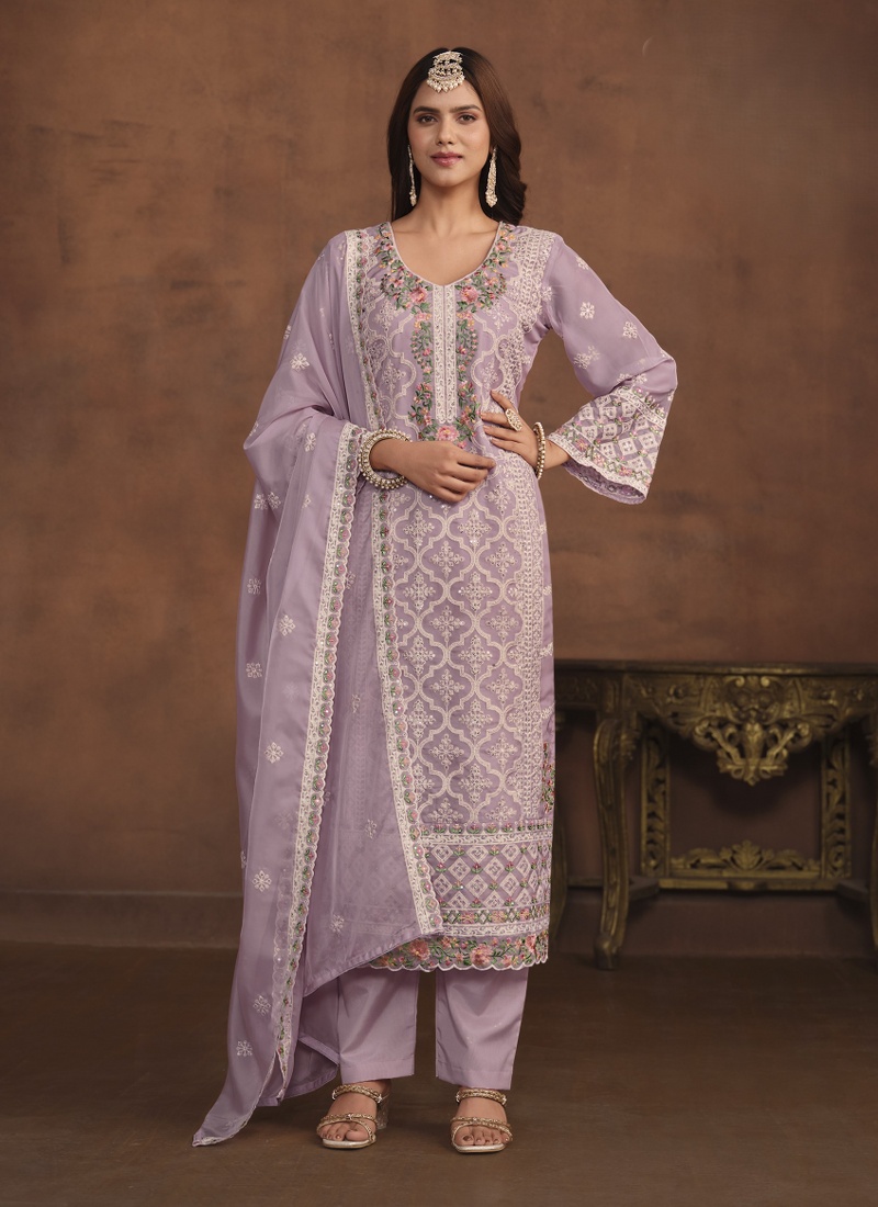 Lavender Soft Organza Embroidered Designer Salwar Kameez